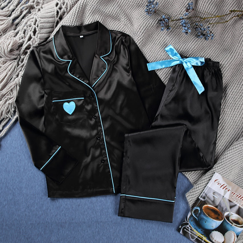 HiLoc Love Satin Sleepwear Women Winter Pajamas Black Long Sleeve Two Piece Set Top And Pants Bow Lace Up Pocket Cute Pajamas