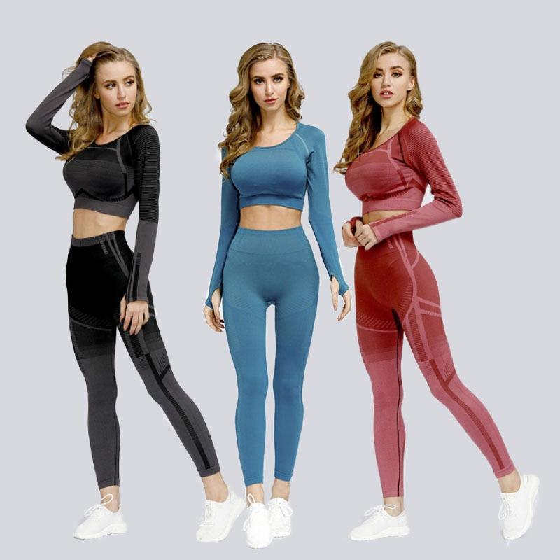 Seamless Yoga Set Women Fitness Clothing Sportswear Booty Gym Leggings Long Sleeve Fitness Crop Top 2 Piece Workout Set