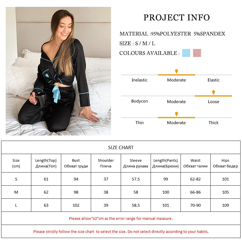 HiLoc Love Satin Sleepwear Women Winter Pajamas Black Long Sleeve Two Piece Set Top And Pants Bow Lace Up Pocket Cute Pajamas