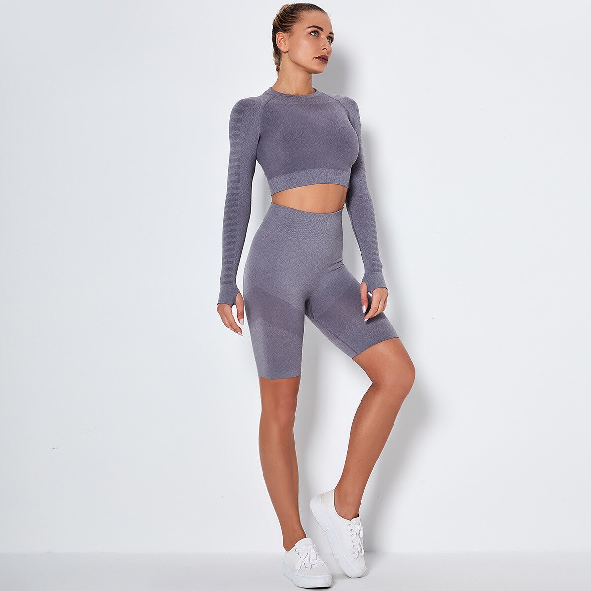 Women's Sportswear Seamless Yoga Set Gym Clothing Sports Suits Fitness Bra Crop Top Legging Long Sleeve Shirt Fitness Shorts Set