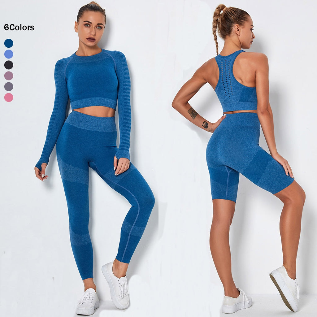 Women's Sportswear Seamless Yoga Set Gym Clothing Sports Suits Fitness Bra Crop Top Legging Long Sleeve Shirt Fitness Shorts Set