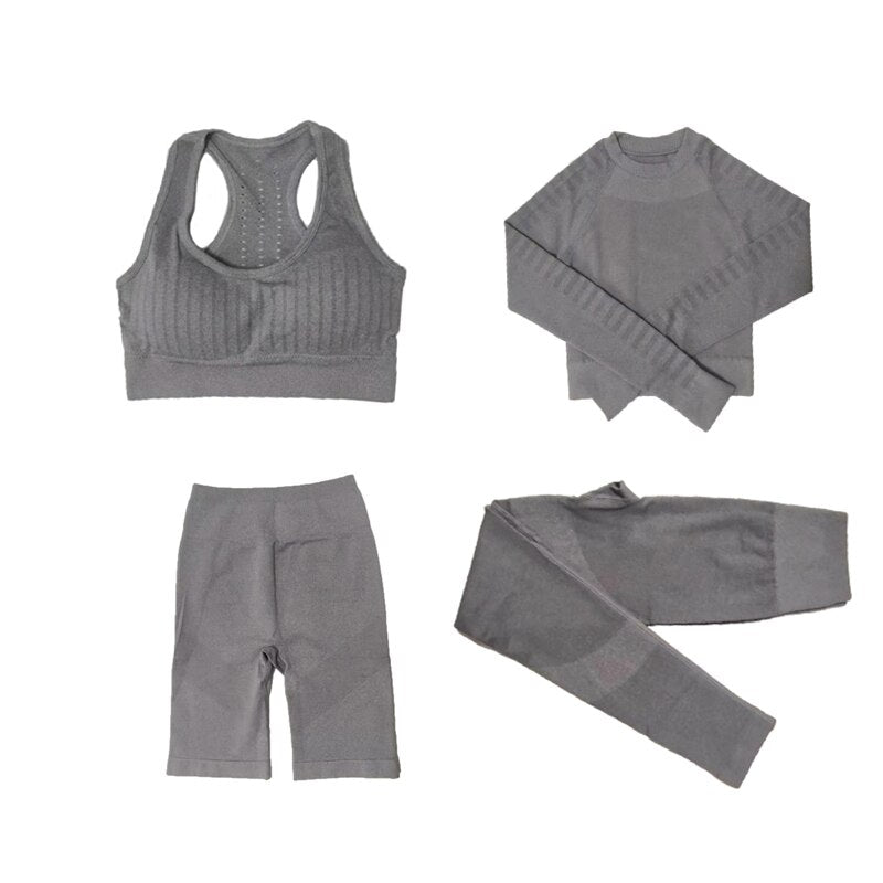 Women's Sportswear Seamless Yoga Set Gym Clothing Sports Suits Fitness Bra Crop Top Legging Long Sleeve Shirt Fitness Shorts Set