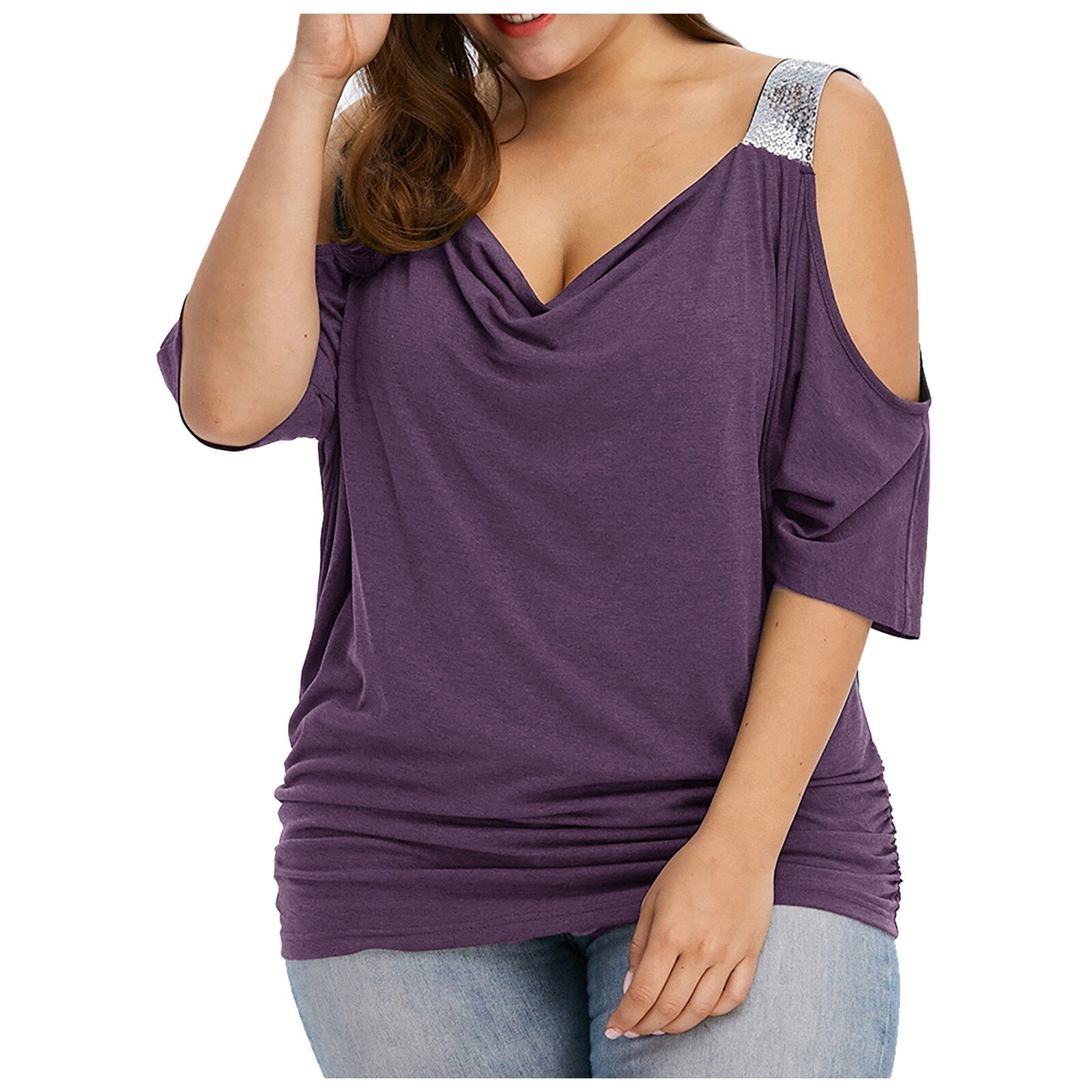 Plus Size Fashion Cold Shoulder T-Shirt Shirt V-Neck Top Tee Summer Casual Ladies Tops Female Women Short Sleeve Blusas Pullover