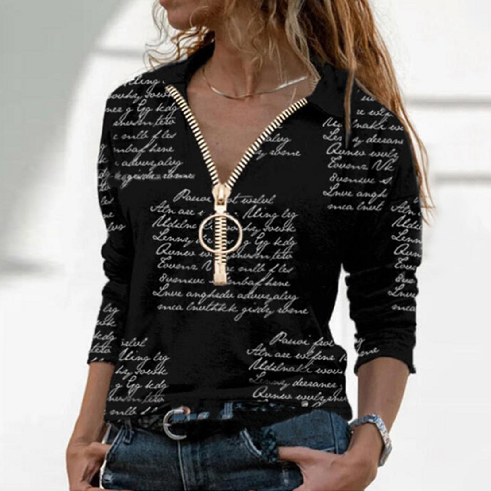 Blouse Women's Lady Long Sleeve Casual V-neck Zipper Top Blouse Shirts Tee Tunics Ropa De Mujer Blusas Рубашка Женская @40