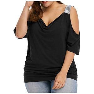 Plus Size Fashion Cold Shoulder T-Shirt Shirt V-Neck Top Tee Summer Casual Ladies Tops Female Women Short Sleeve Blusas Pullover