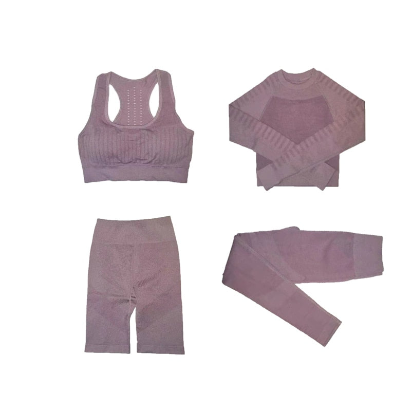 Women's Sportswear Seamless Yoga Set Gym Clothing Sports Suits Fitness Bra Crop Top Legging Long Sleeve Shirt Fitness Shorts Set