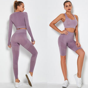 Women's Sportswear Seamless Yoga Set Gym Clothing Sports Suits Fitness Bra Crop Top Legging Long Sleeve Shirt Fitness Shorts Set
