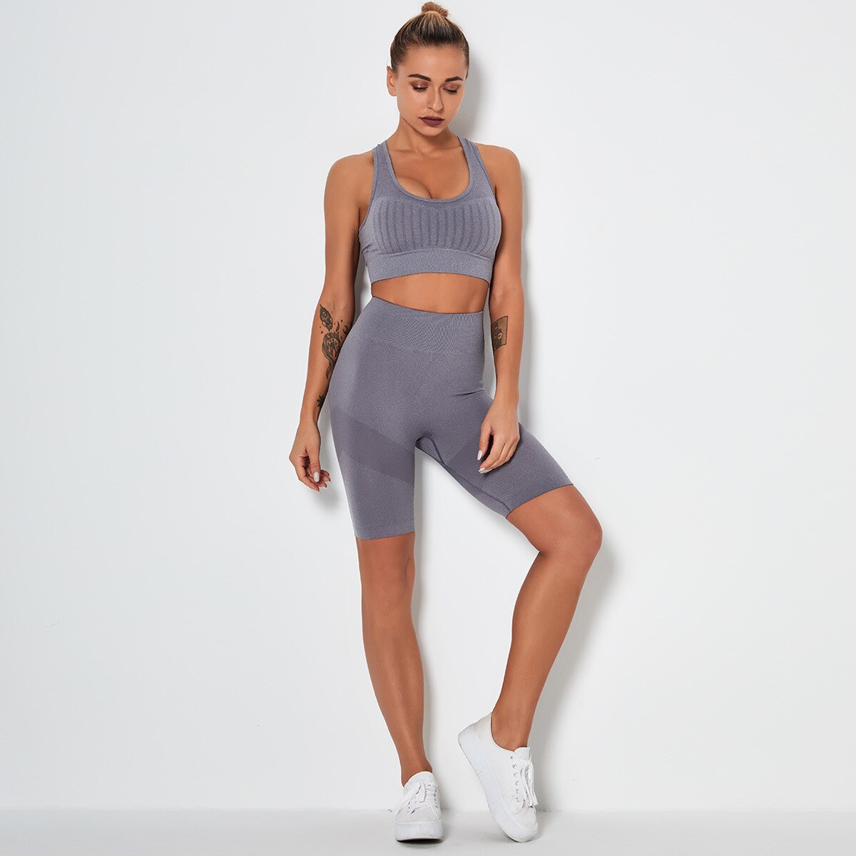 Women's Sportswear Seamless Yoga Set Gym Clothing Sports Suits Fitness Bra Crop Top Legging Long Sleeve Shirt Fitness Shorts Set