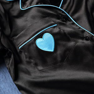 HiLoc Love Satin Sleepwear Women Winter Pajamas Black Long Sleeve Two Piece Set Top And Pants Bow Lace Up Pocket Cute Pajamas