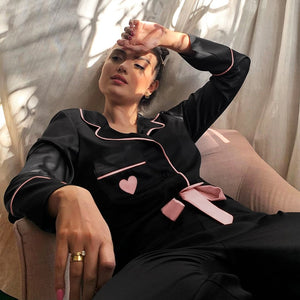 HiLoc Love Satin Sleepwear Women Winter Pajamas Black Long Sleeve Two Piece Set Top And Pants Bow Lace Up Pocket Cute Pajamas