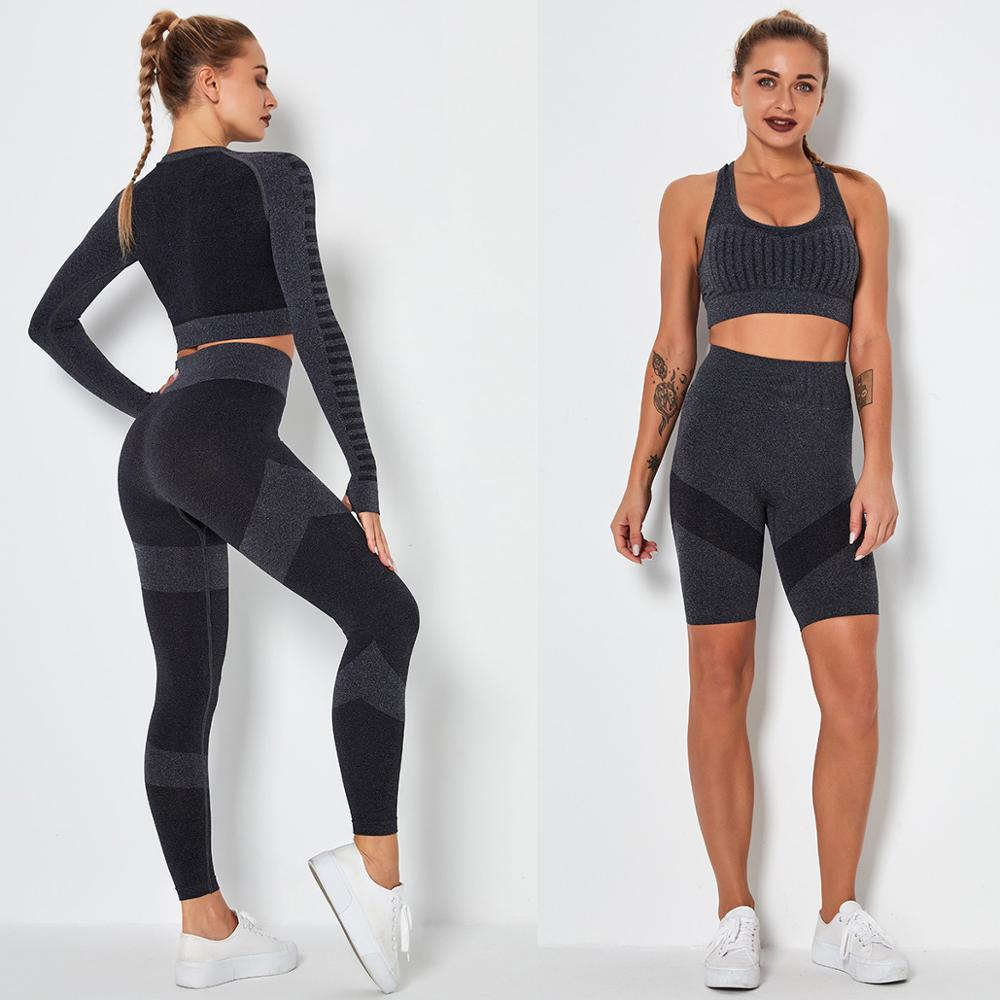 Women's Sportswear Seamless Yoga Set Gym Clothing Sports Suits Fitness Bra Crop Top Legging Long Sleeve Shirt Fitness Shorts Set