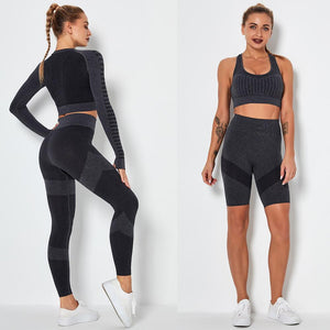 Women's Sportswear Seamless Yoga Set Gym Clothing Sports Suits Fitness Bra Crop Top Legging Long Sleeve Shirt Fitness Shorts Set