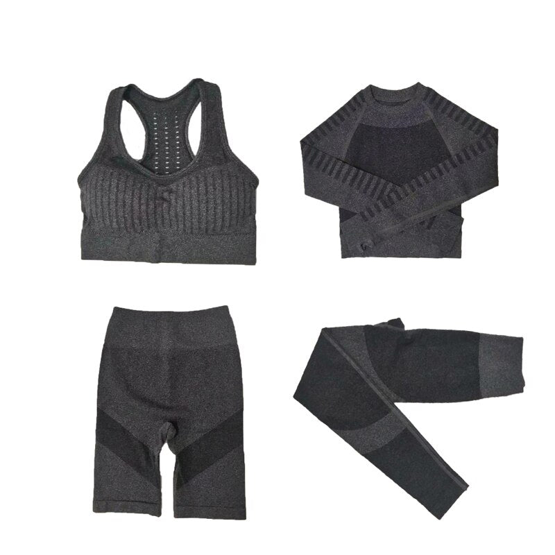 Women's Sportswear Seamless Yoga Set Gym Clothing Sports Suits Fitness Bra Crop Top Legging Long Sleeve Shirt Fitness Shorts Set