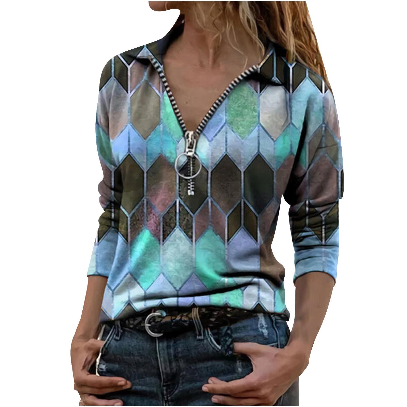 Blouse Women's Lady Long Sleeve Casual V-neck Zipper Top Blouse Shirts Tee Tunics Ropa De Mujer Blusas Рубашка Женская @40