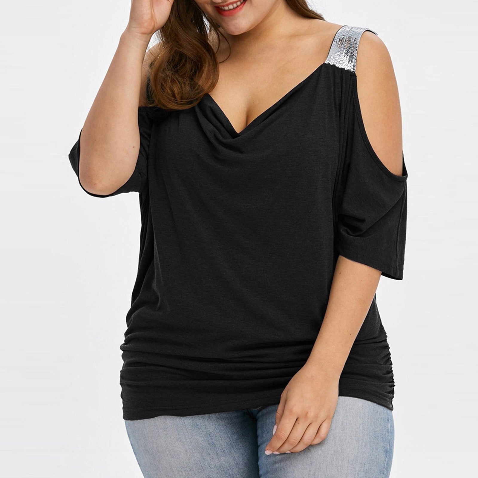 Plus Size Fashion Cold Shoulder T-Shirt Shirt V-Neck Top Tee Summer Casual Ladies Tops Female Women Short Sleeve Blusas Pullover