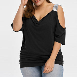 Plus Size Fashion Cold Shoulder T-Shirt Shirt V-Neck Top Tee Summer Casual Ladies Tops Female Women Short Sleeve Blusas Pullover