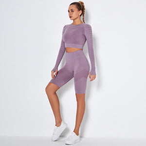 Women's Sportswear Seamless Yoga Set Gym Clothing Sports Suits Fitness Bra Crop Top Legging Long Sleeve Shirt Fitness Shorts Set