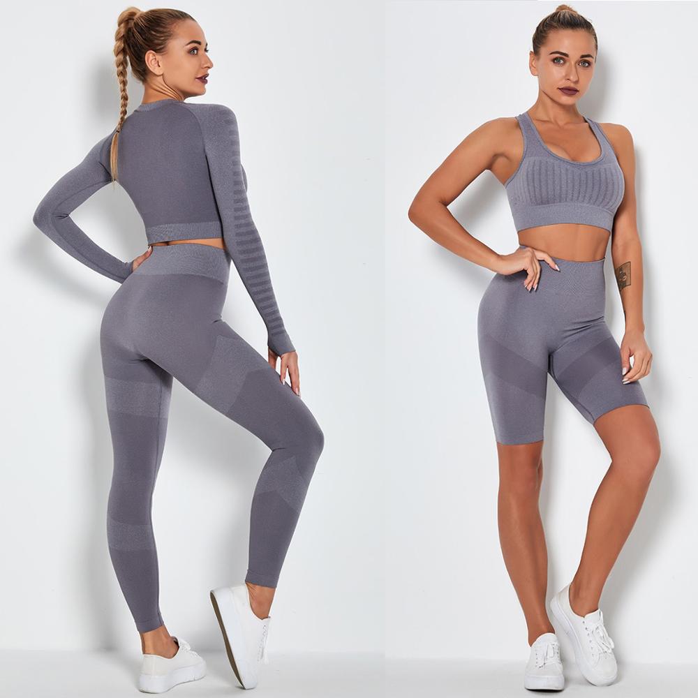 Women's Sportswear Seamless Yoga Set Gym Clothing Sports Suits Fitness Bra Crop Top Legging Long Sleeve Shirt Fitness Shorts Set