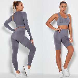 Women's Sportswear Seamless Yoga Set Gym Clothing Sports Suits Fitness Bra Crop Top Legging Long Sleeve Shirt Fitness Shorts Set