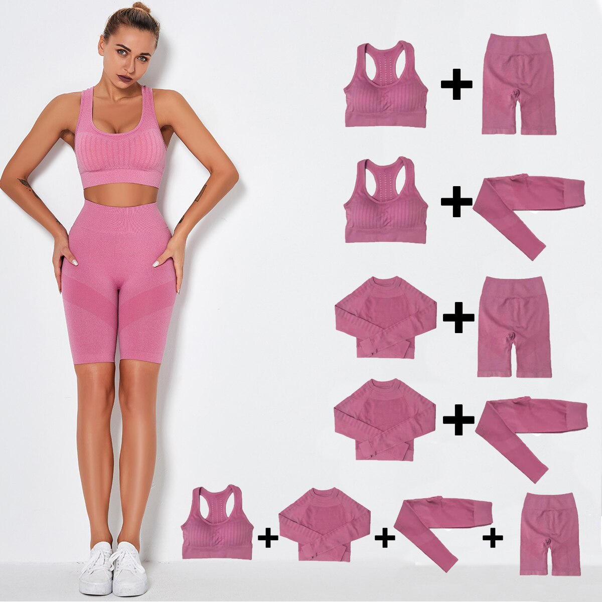 Women's Sportswear Seamless Yoga Set Gym Clothing Sports Suits Fitness Bra Crop Top Legging Long Sleeve Shirt Fitness Shorts Set