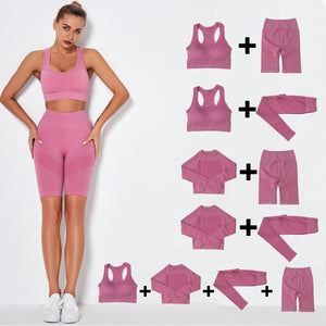 Women's Sportswear Seamless Yoga Set Gym Clothing Sports Suits Fitness Bra Crop Top Legging Long Sleeve Shirt Fitness Shorts Set