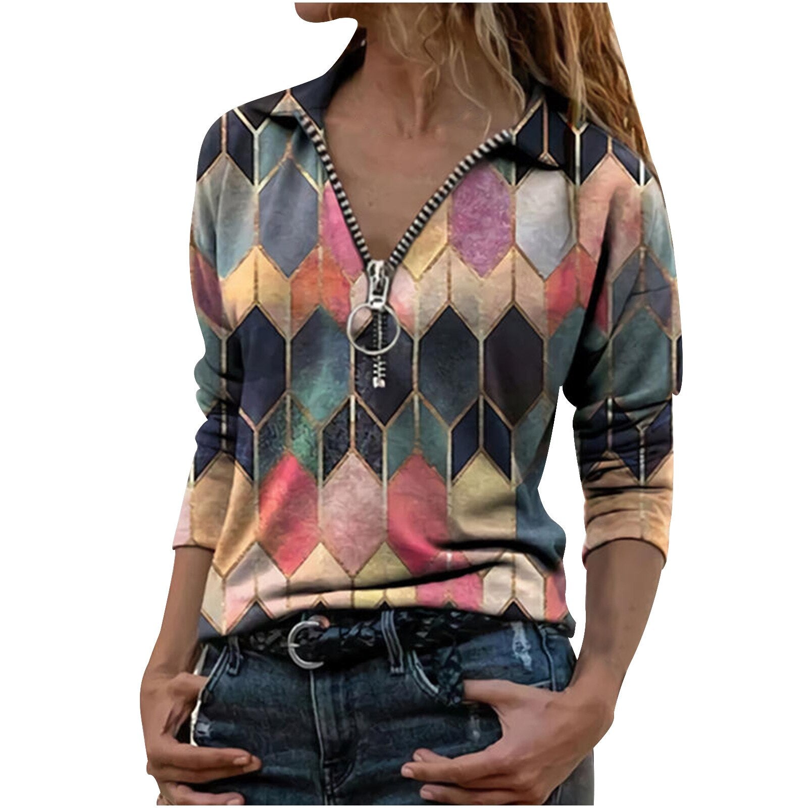 Blouse Women's Lady Long Sleeve Casual V-neck Zipper Top Blouse Shirts Tee Tunics Ropa De Mujer Blusas Рубашка Женская @40